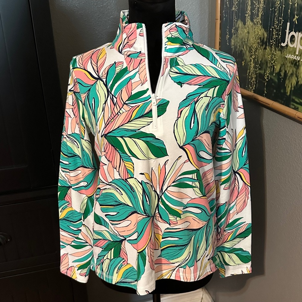 T by Talbots SP Tropical Leaf Print Quarter Zip Pullover Top Stretch Preppy